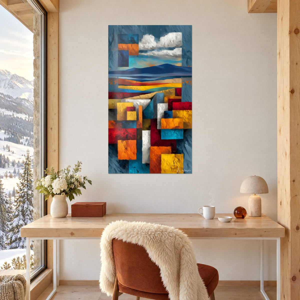 Gemälde mit abstraktem Horizont aus weißen Wolken und orangefarbenen, türkisblauen und purpurnen Rechtecken, über einem Schreibtisch aus hellem Holz neben einem Fenster