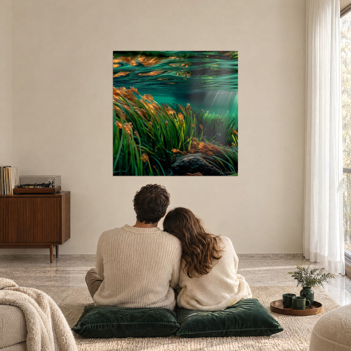 Schilderij onderwaterschuilplaats, pollen smaragdgroen gras met koperkleurige bloemen, turquoise reflecties, tegenover een paar dat op de vloer zit