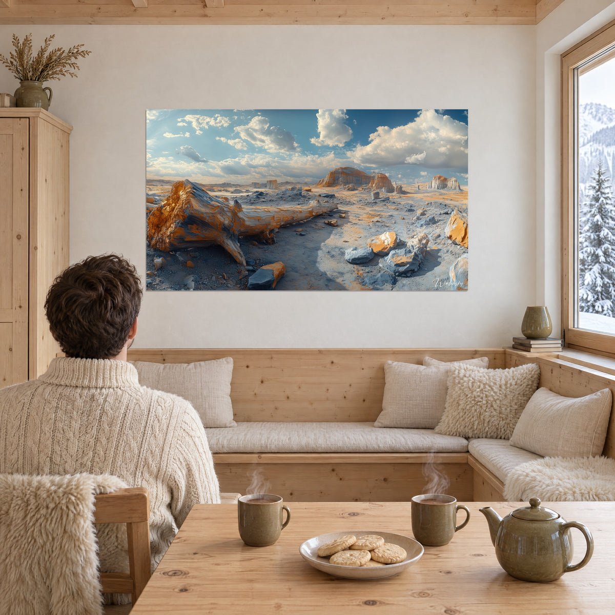 Tableau vaste plaine rocailleuse aux buttes ocre sous un ciel bleu, deux tasses fumantes et un salon en bois clair en chalet de montagne