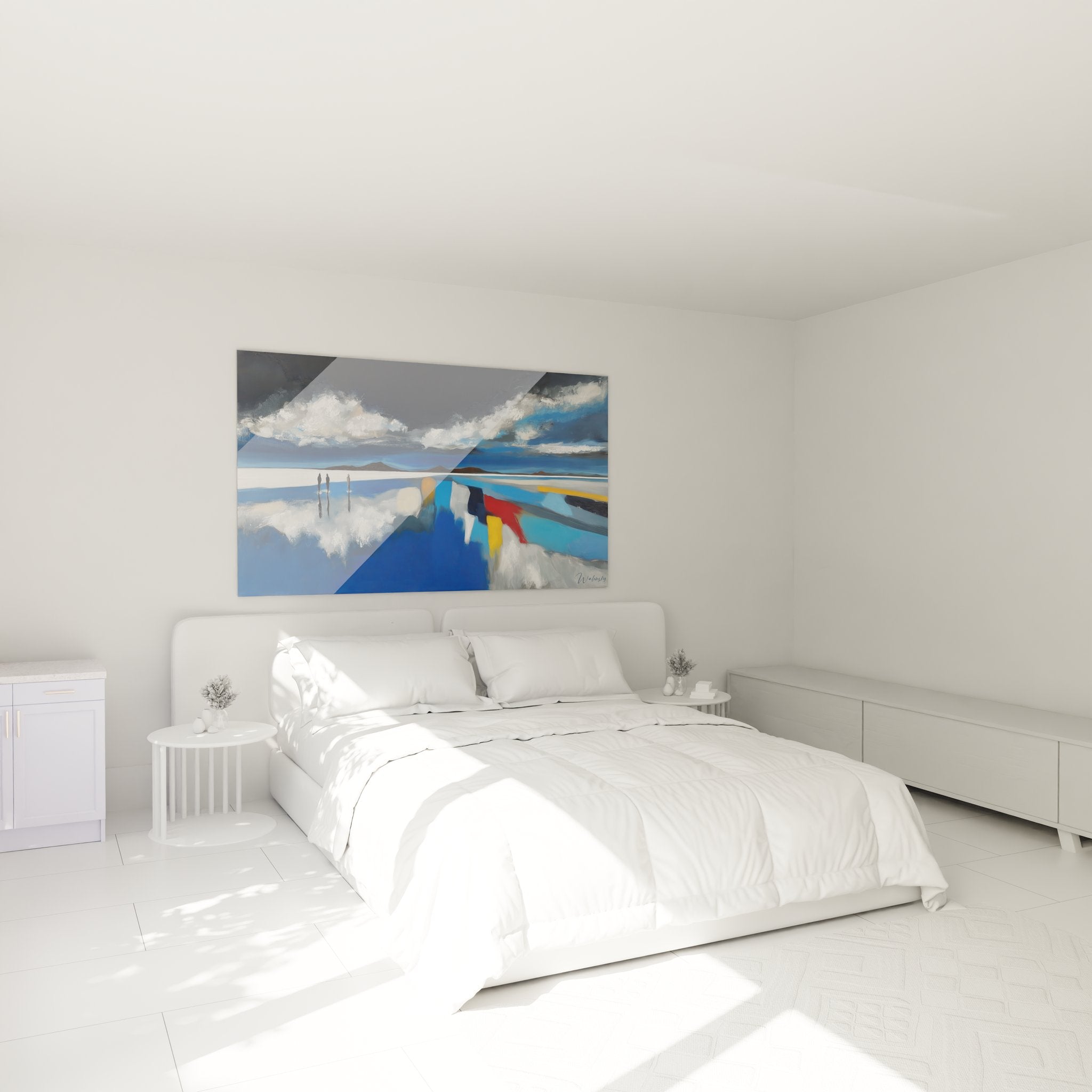 Tableau désert reflets dans chambre moderne, décoration murale bleue et blanche ambiance zen
