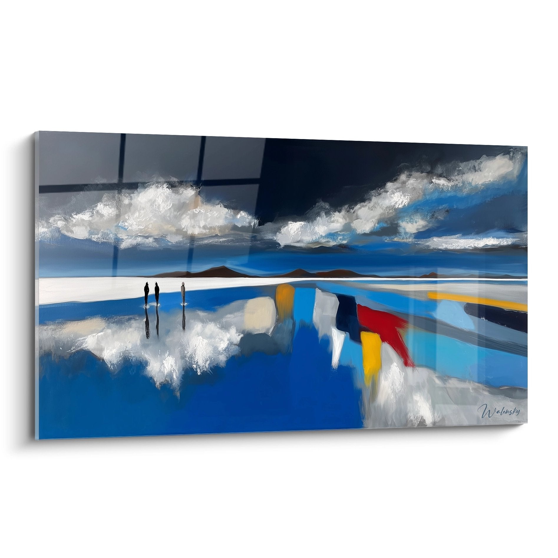 Tableau mural désert de sel avec reflets bleus et silhouettes humaines, art contemporain paysage