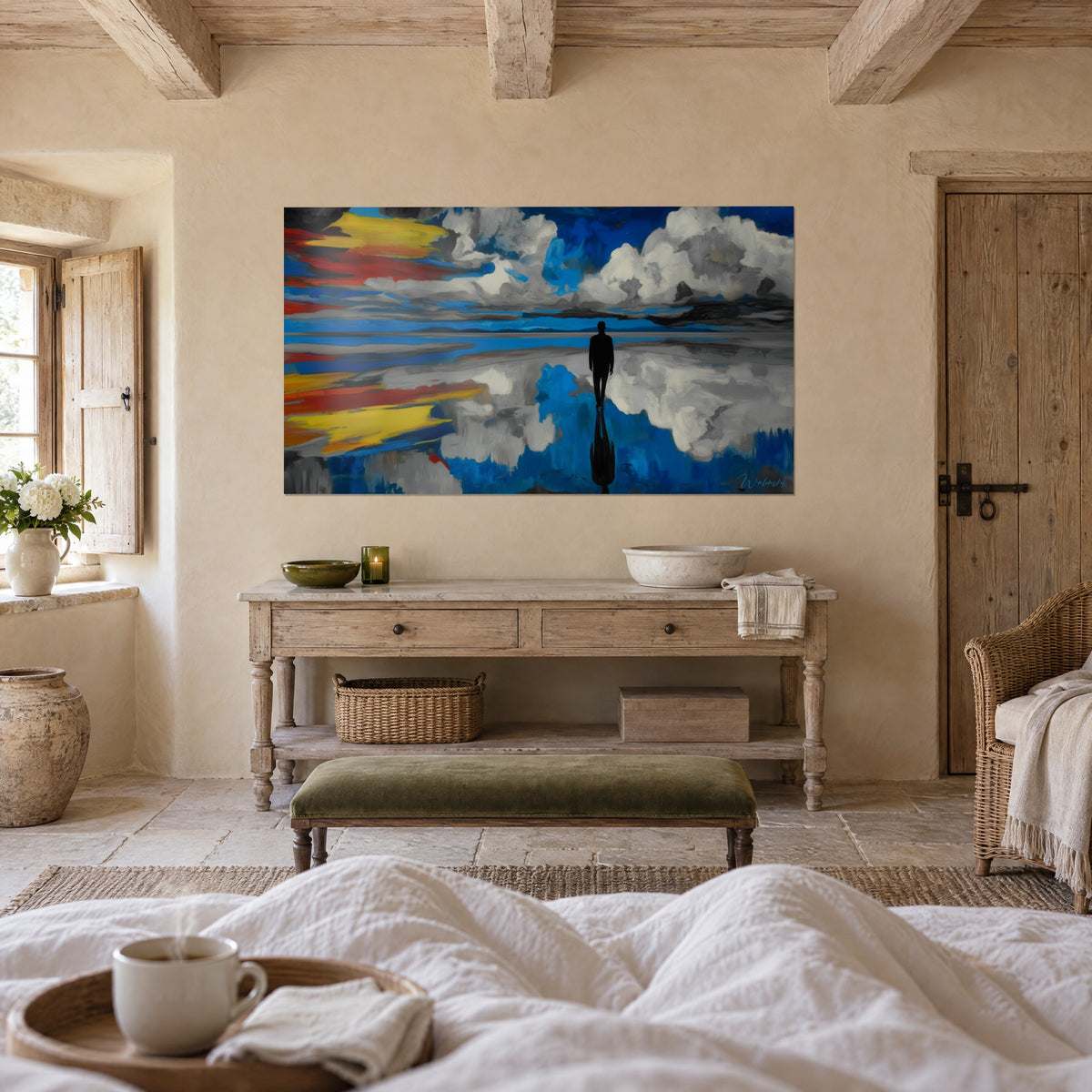 Wall art motionless figure on the reflective expanse, white clouds, lemon yellow and red streaks, azure blue, above a bed in a light bedroom
