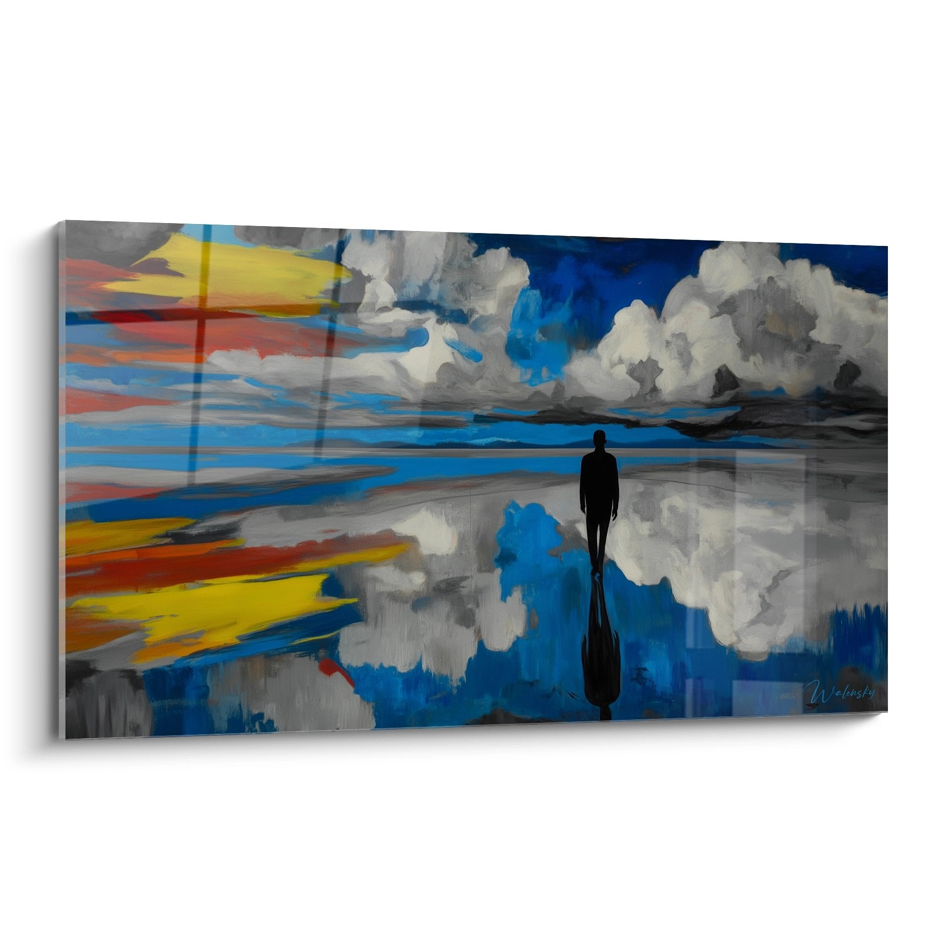 Tableau mural désert silhouette contemplative reflets nuageux art moderne décoratif