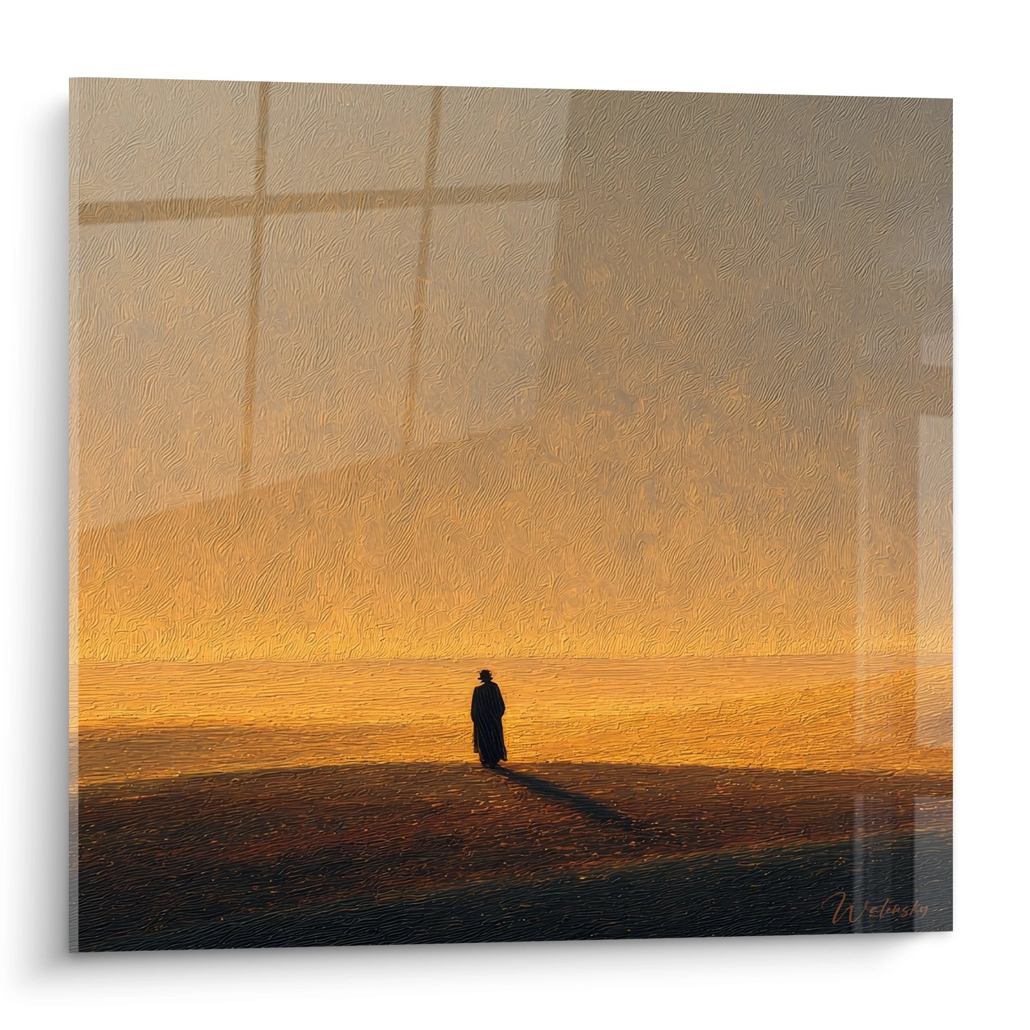 Tableau mural désert avec silhouette solitaire contemplant horizon doré au coucher de soleil