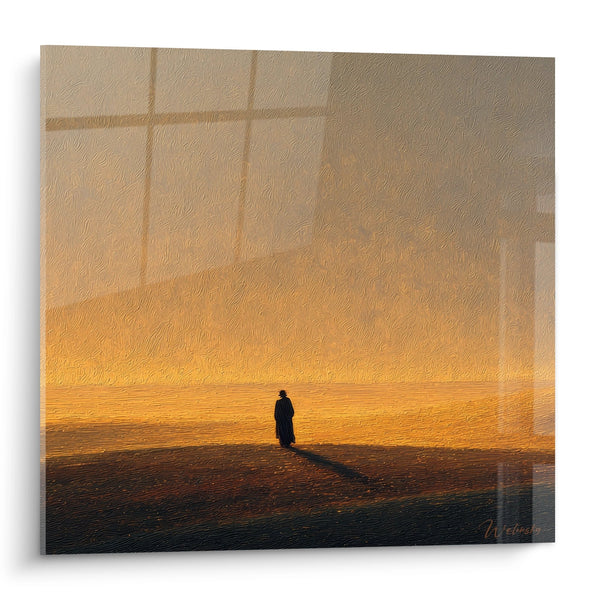 Schilderij eenzame silhouet in de woestijn - Gouden horizonten - editie woestijn