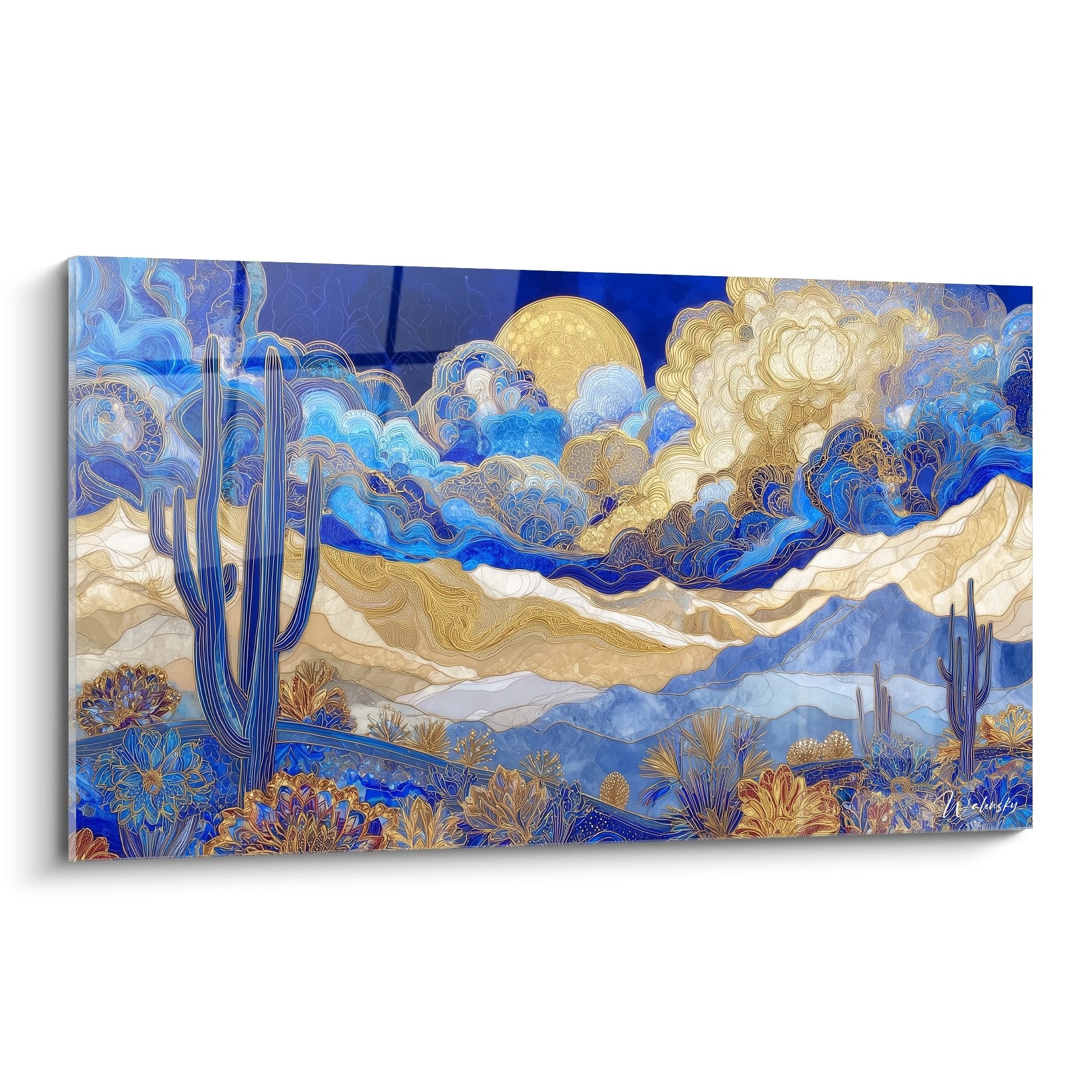 Tableau mural désert stylisé avec cactus saguaro et nuages dorés sur fond bleu