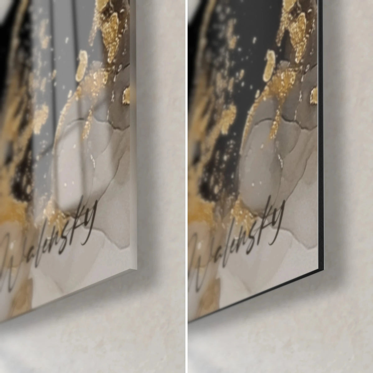 Wall art woman in an ebony gown on gold and grey ink, bottom right corner: glossy glass on the left, matte Dibond on the right, 3 mm edge
