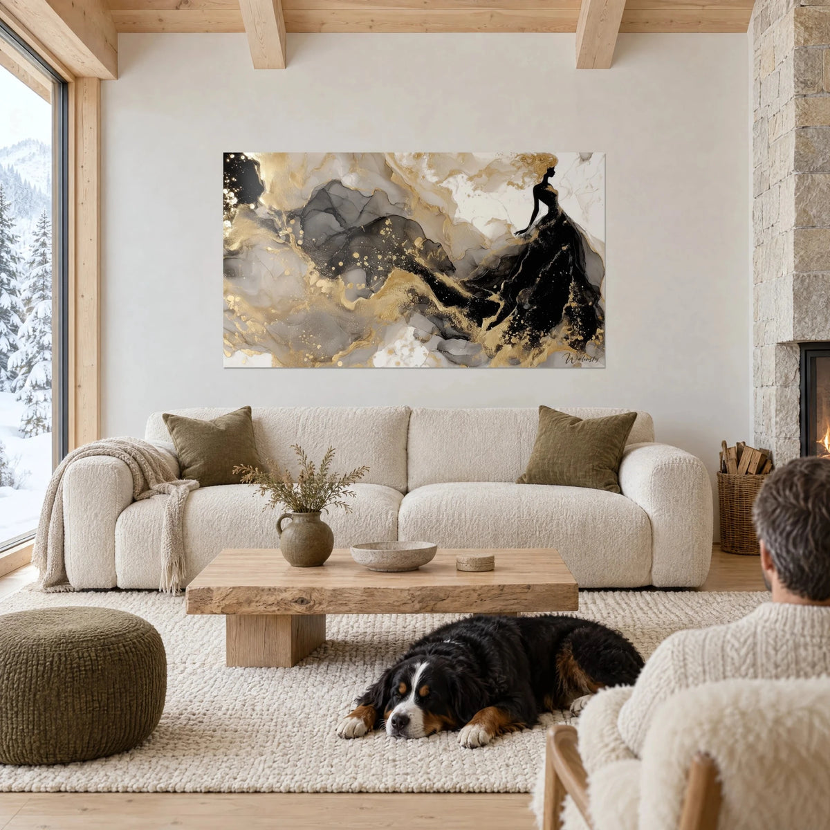 Wall art black silhouette in a ball gown on gold and grey ink marble background, man and dog seen from behind, above a sofa in a bright living room