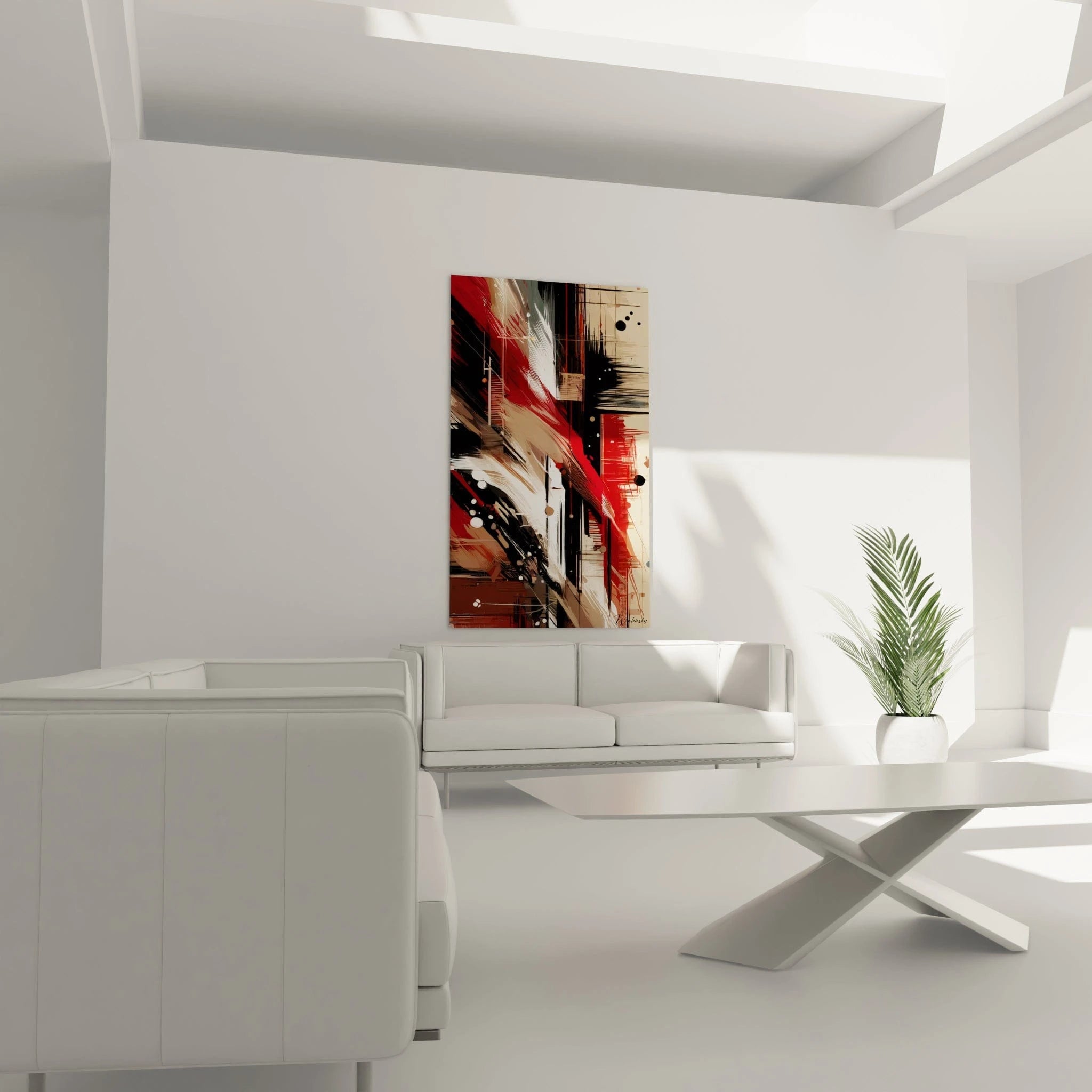 Tableau abstrait présentant une structure de lignes horizontales et verticales traversée de larges traits dynamiques. La palette chromatique combine rouge sang, noir intense, blanc éclatant et tons terreux, avec des éclaboussures ponctuelles et des textures contrastées.

