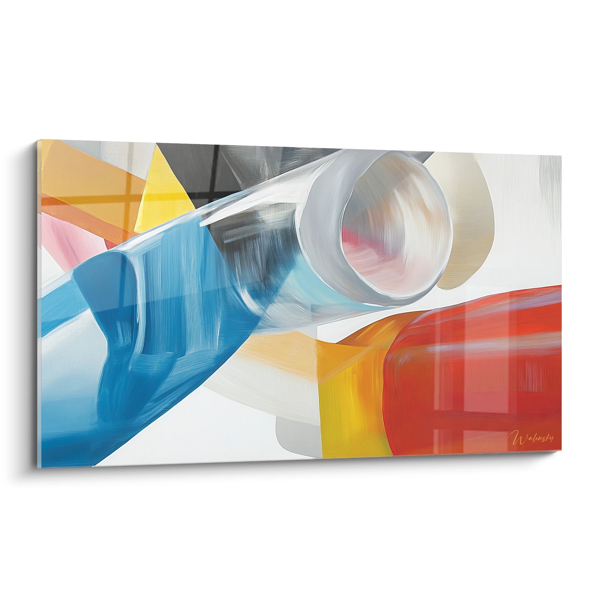 Tableau dessin abstrait géométrique coloré avec formes cylindriques et triangulaires modernes