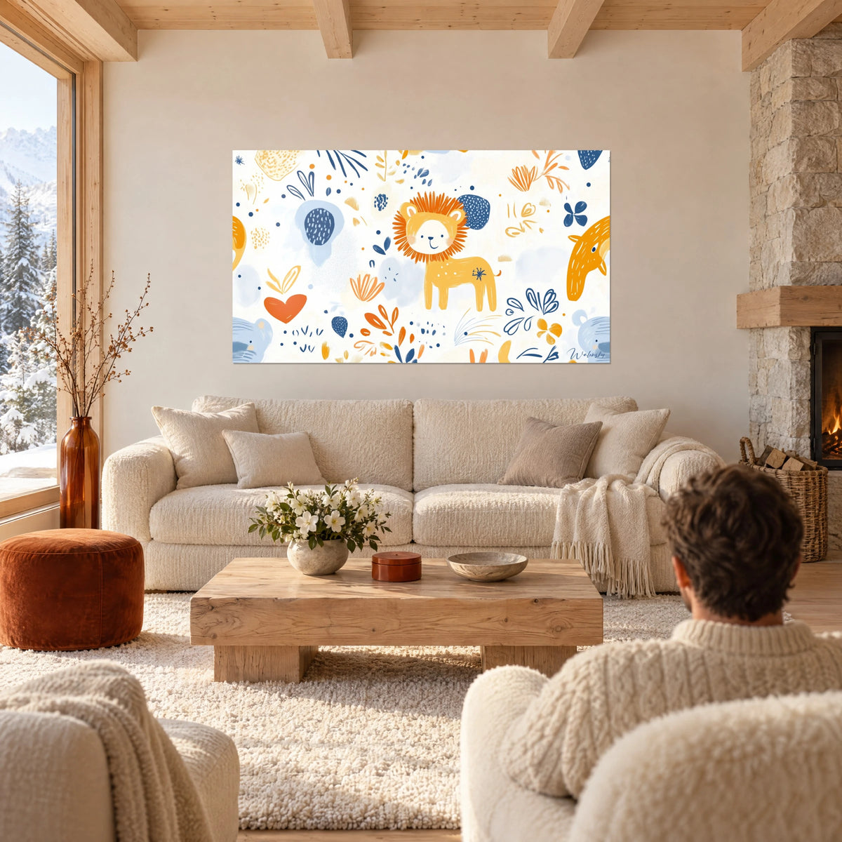 Wall art smiling lion cub with orange mane among navy foliage, above a sofa in a bright living room