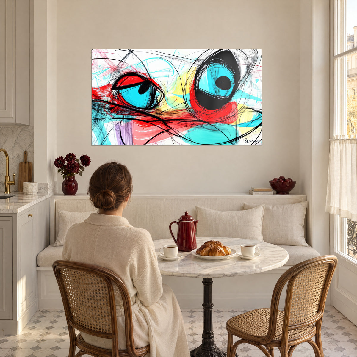 Πίνακας βλέμματα σχεδιασμένα με πένα, κυανές ίριδες και βυσσινί-κόκκινοι κύκλοι, απέναντι από καναπέ και στρογγυλό μαρμάρινο τραπέζι
