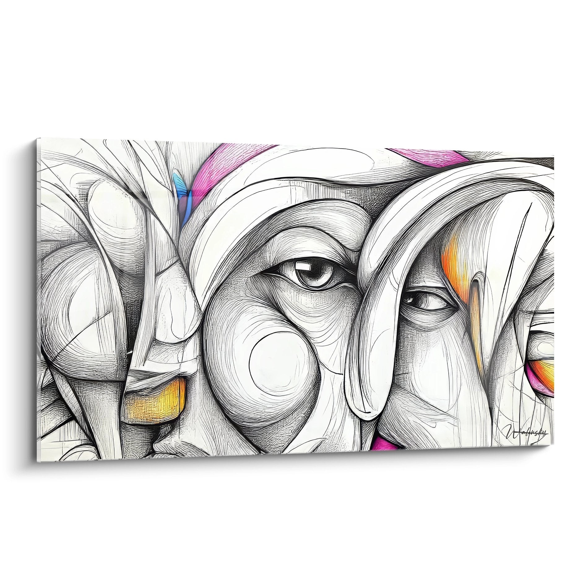 Tableau dessin abstrait visage féminin au trait avec touches colorées rose bleu orange