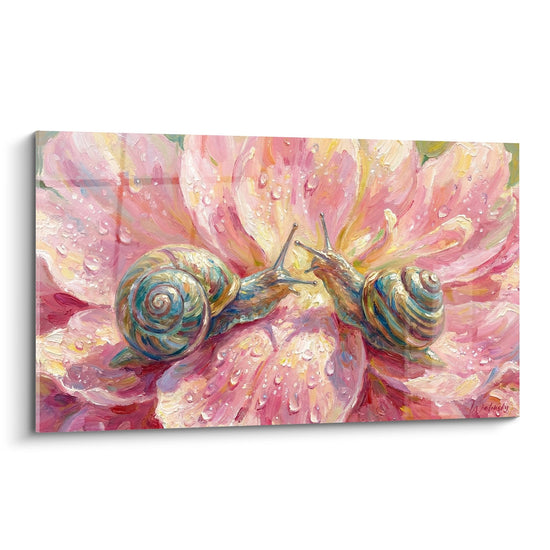 Tableau Zwei Schnecken auf rosa Blume mit Wassertropfen - Morgenzärtlichkeit - Schnecken Edition