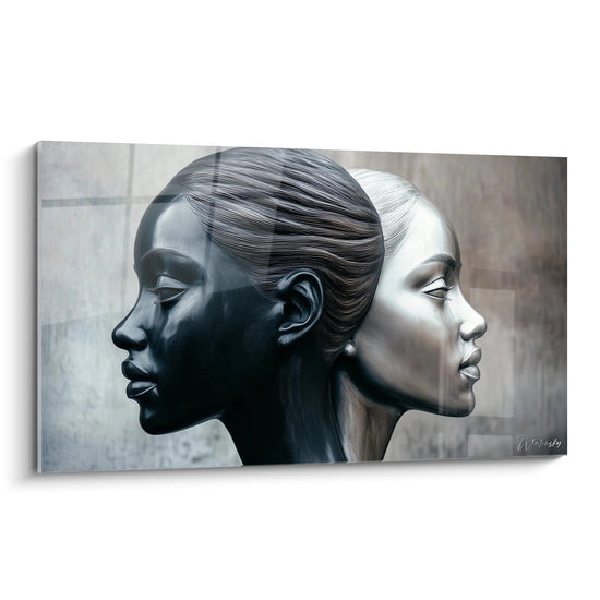 Un dipinto surrealista astratto che mostra due profili opposti, uno nero e l'altro argento, su uno sfondo grigio neutro strutturato con linee scolpite e rilievi sottili.
