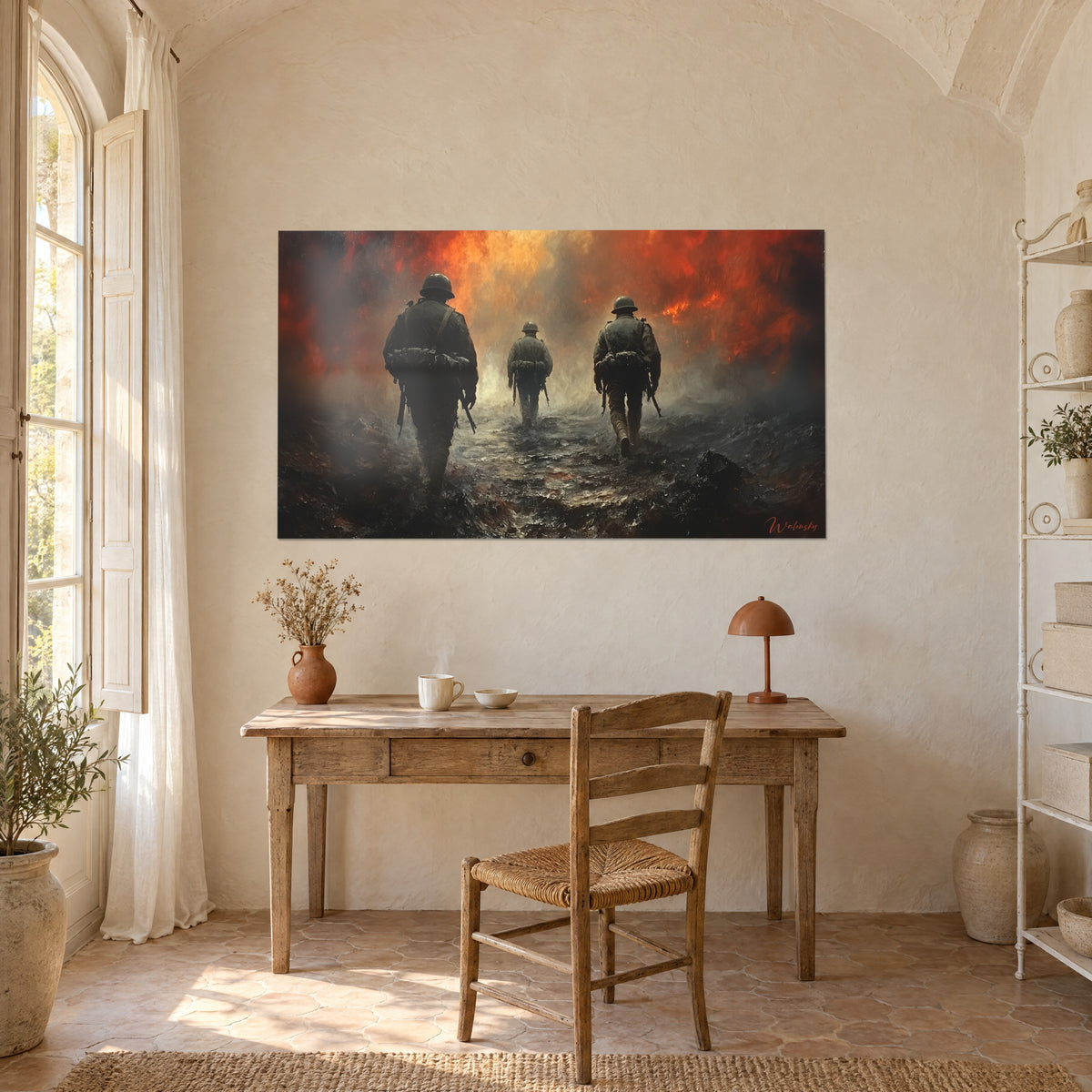 Wall art war scene of three soldiers seen from behind, dark helmets, orange glow over anthracite smoke, above a wooden desk