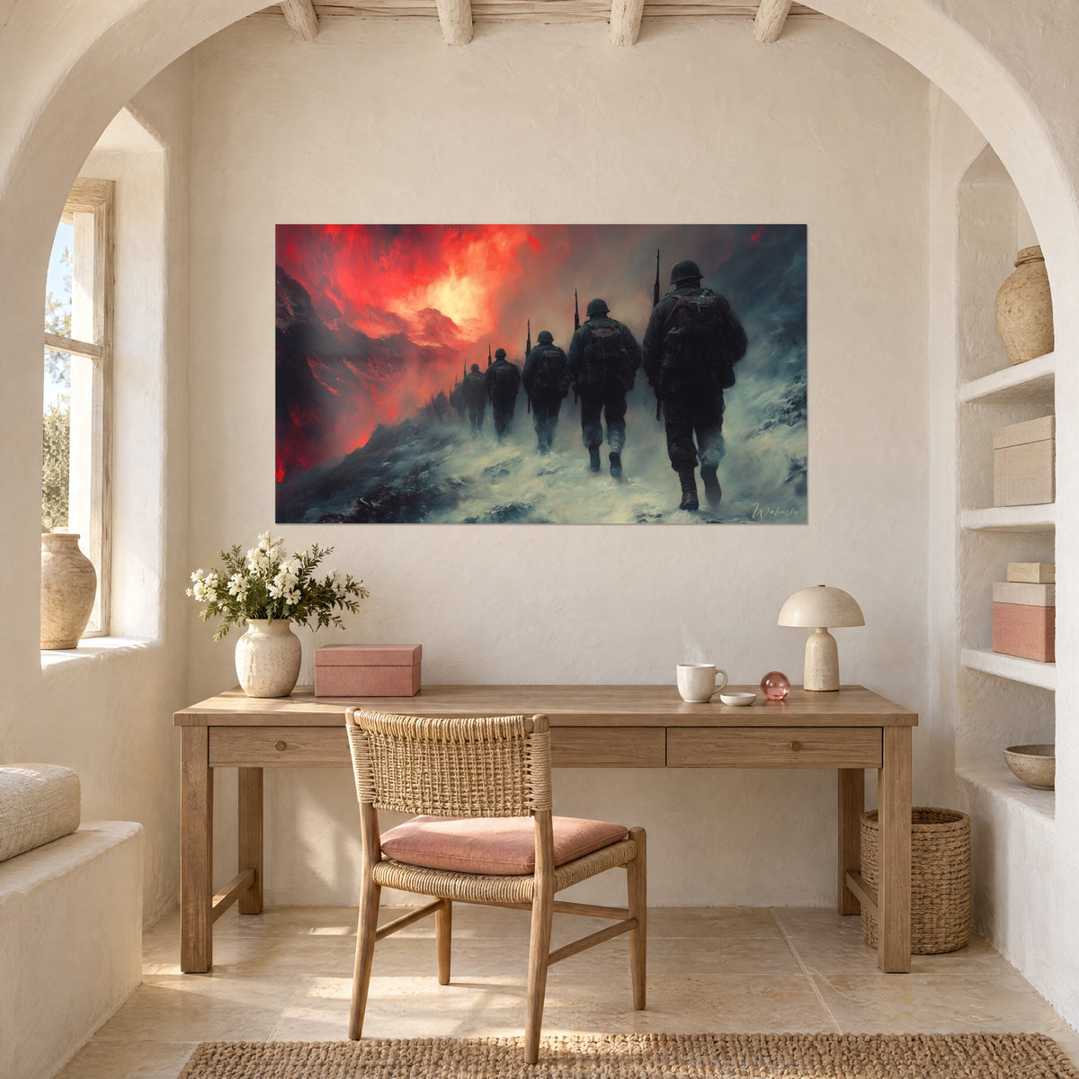 Wall art procession of soldiers with rifles raised, blazing red mountain and icy blue snow, white wall of an office with a wooden console