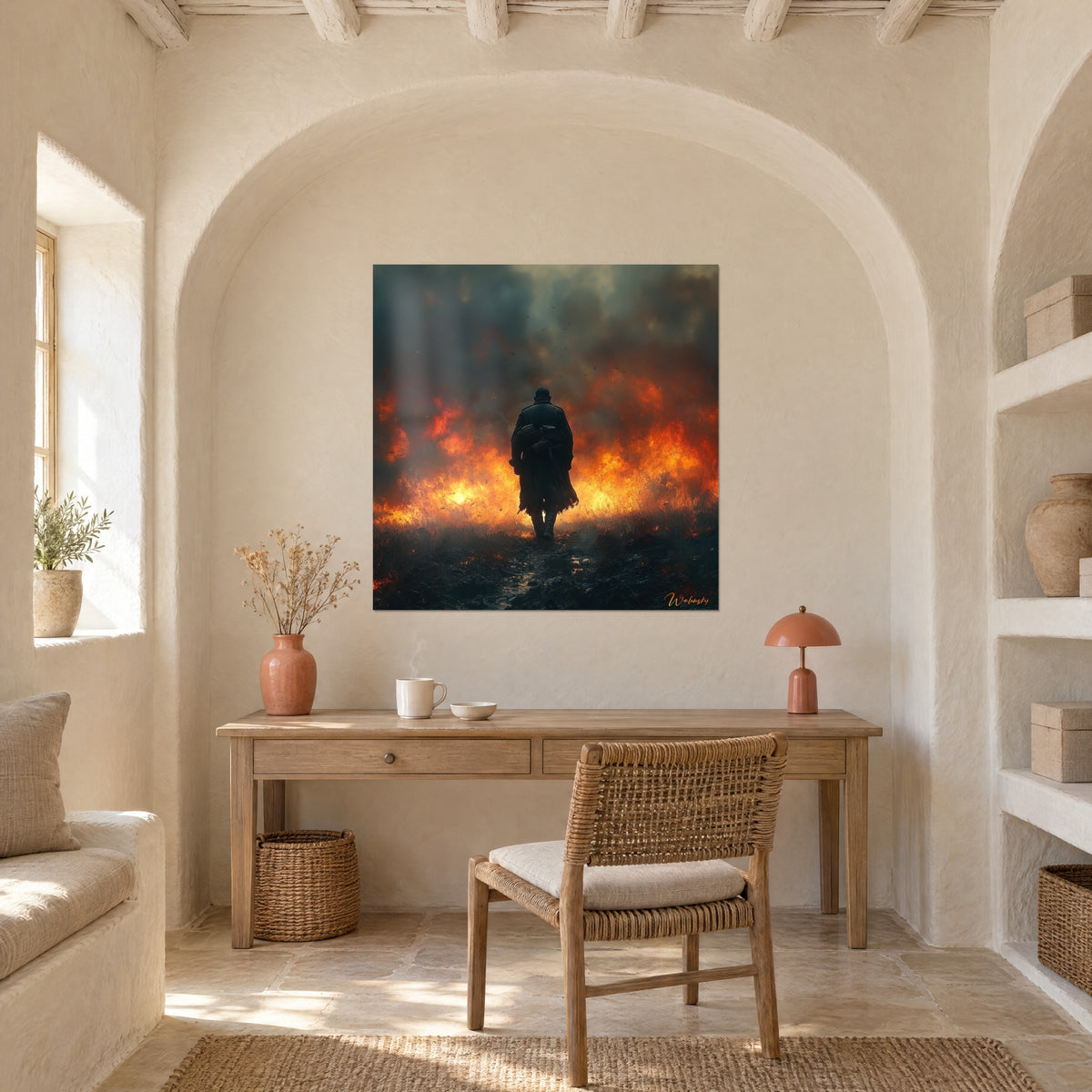 Wall art lone soldier on a blazing battlefield, red embers and dark haze, above a light wood desk