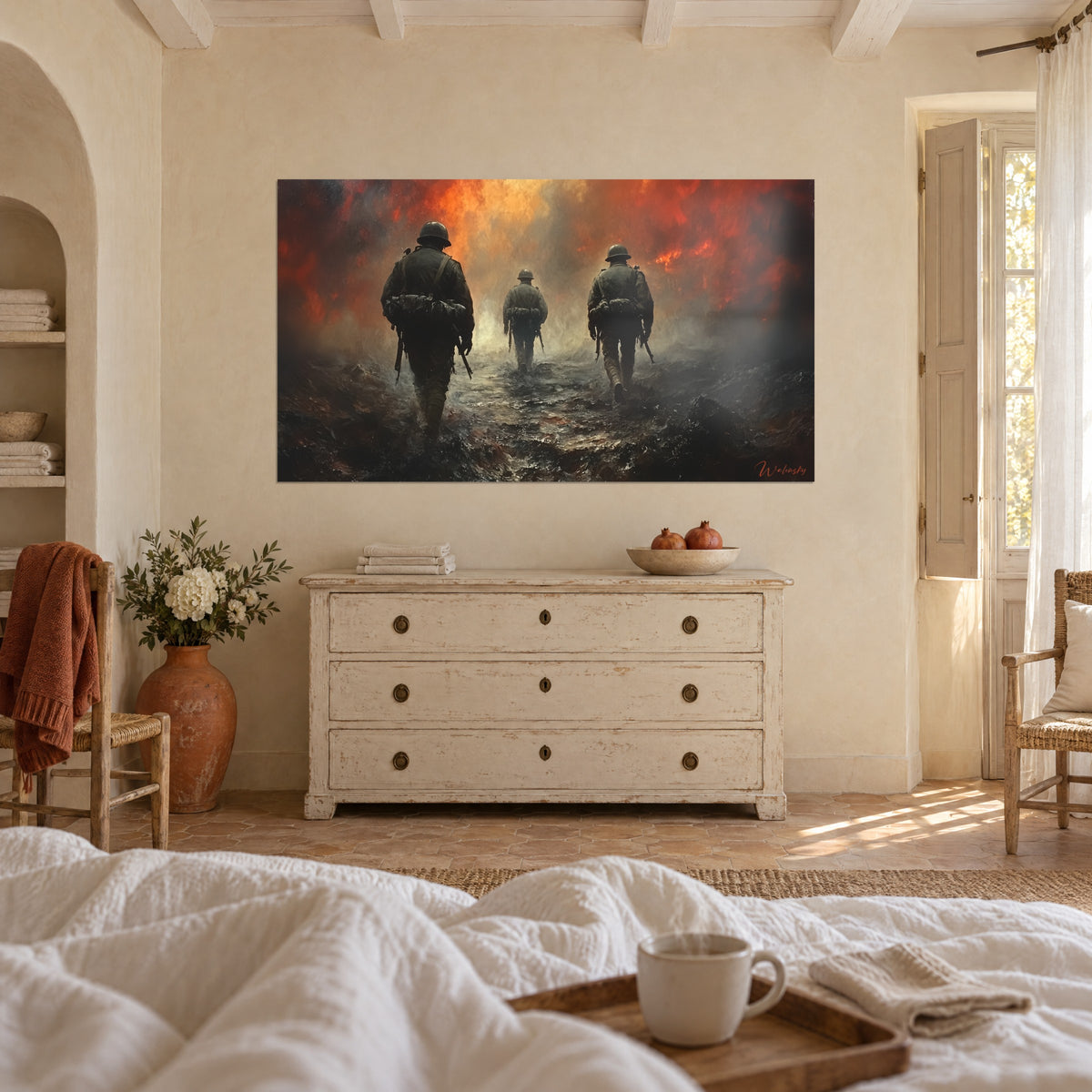 Wall art infantry advancing across a shell-cratered field, ochre haze and red flames, above a bed in a light bedroom