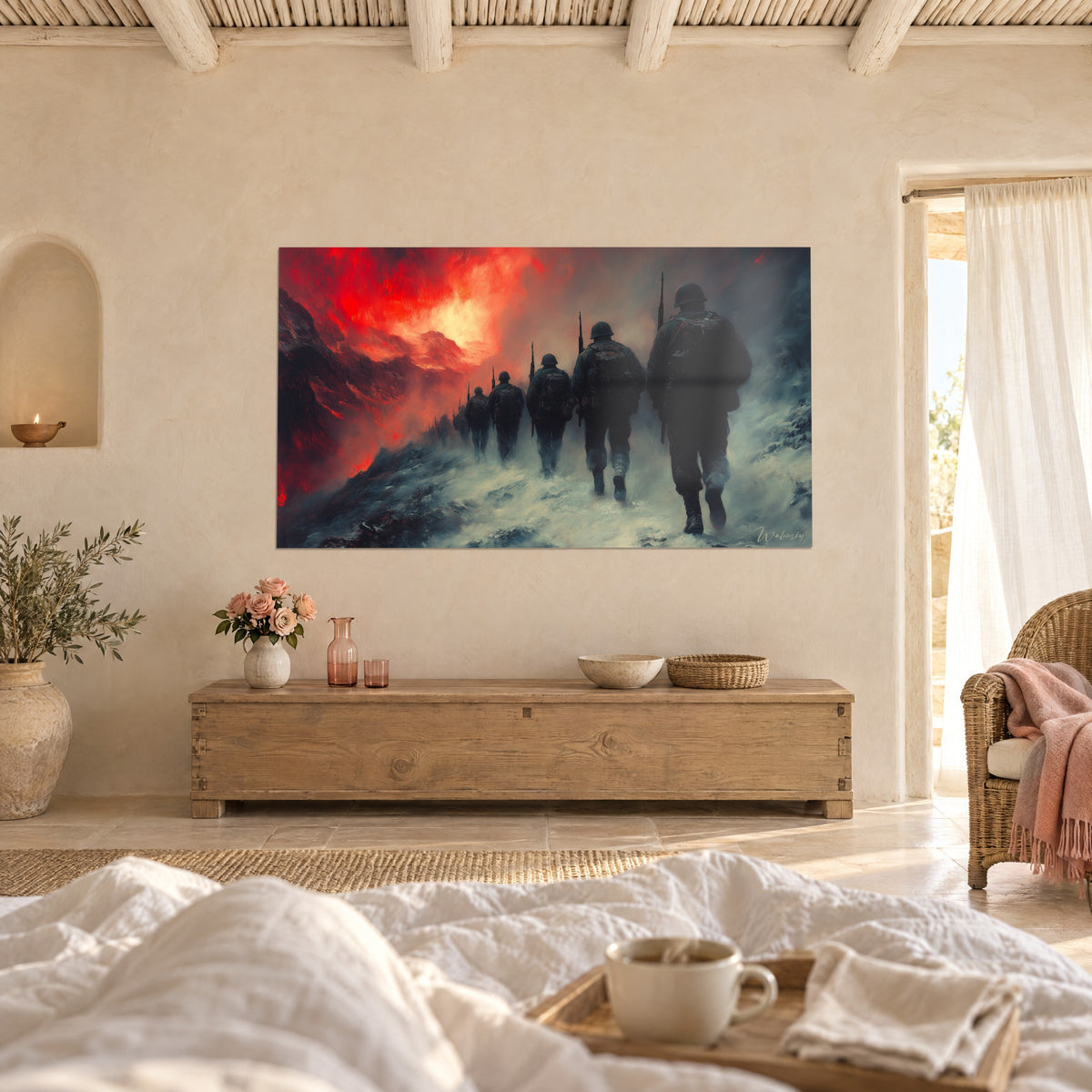 Wall art column of armed men in a war landscape of vermilion red and steel grey, above a bed in a bright bedroom