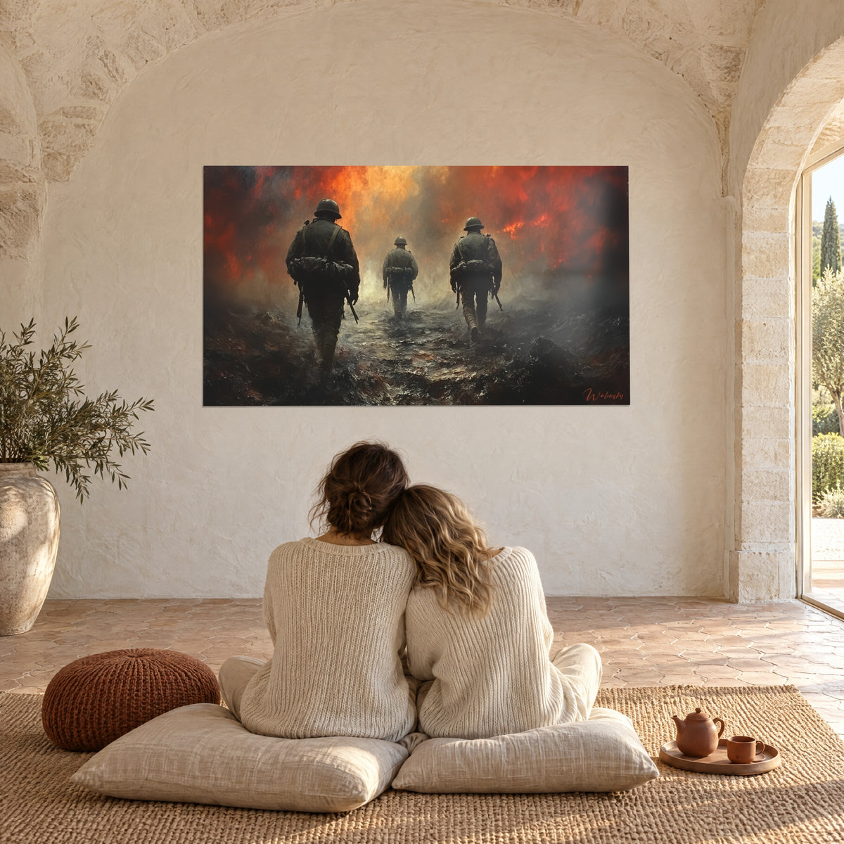 Wall art oil painting of armed men on waterlogged ground, red and orange dawn, stone vault of a Provençal farmhouse
