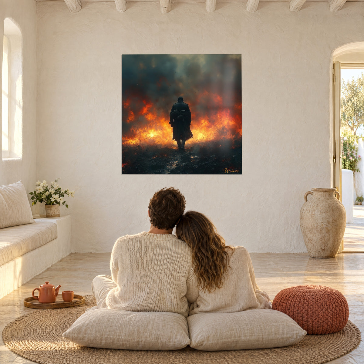 Wall art walker in a military coat before a wall of fire, stormy grey sky and incandescent orange, white living room with arches
