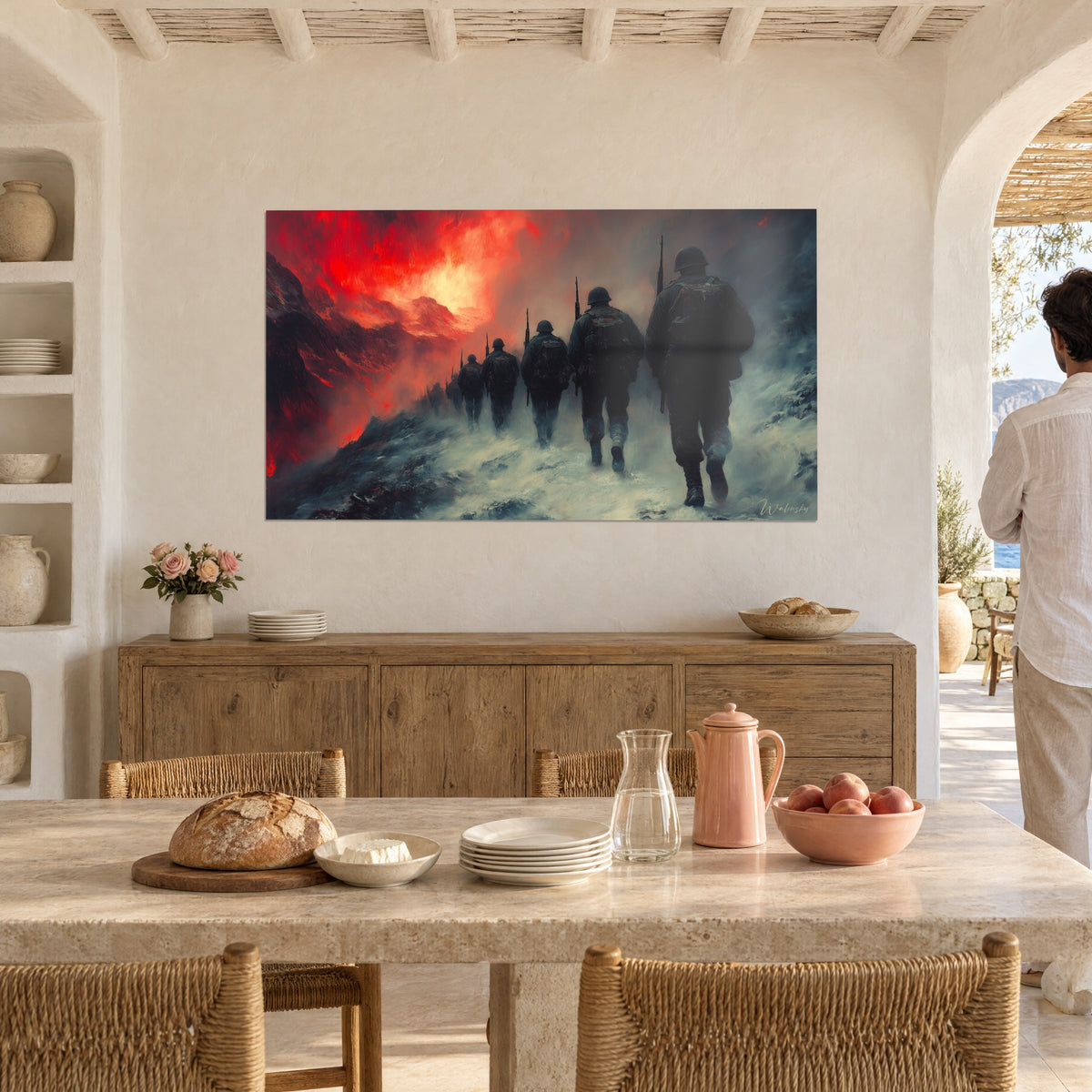 Wall art infantry seen from behind advancing through the snowstorm, orange flames and charcoal black, viewed by a couple in a dining room