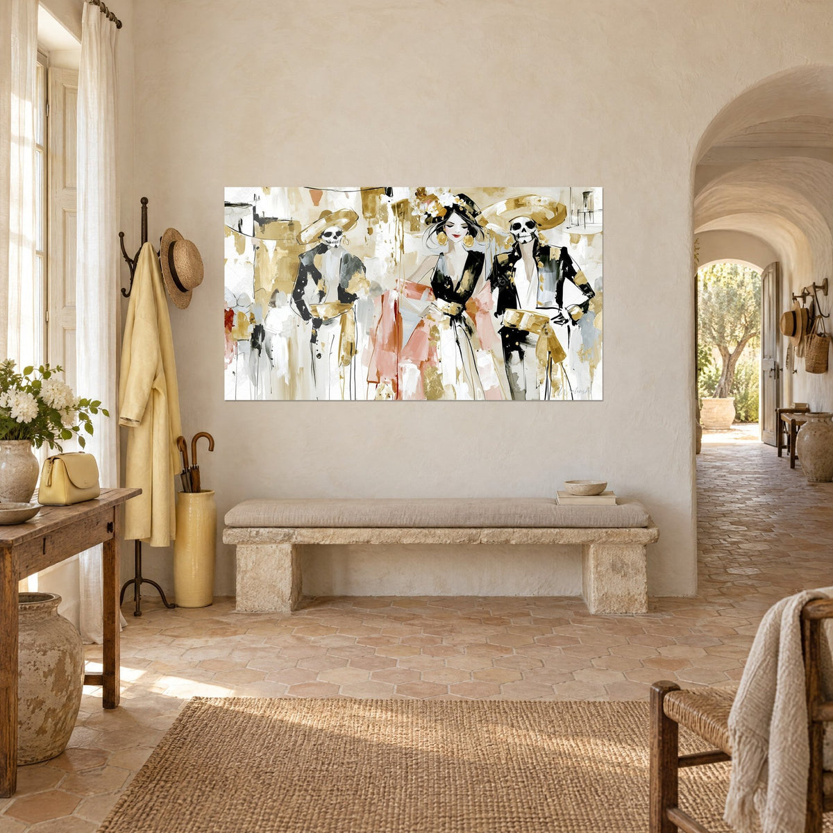 Schilderij stoet van elegante skeletten, zwart jasje, okerkleurige sombrero en gouden druipsporen op crèmewit achtergrond, Provençaals landhuis