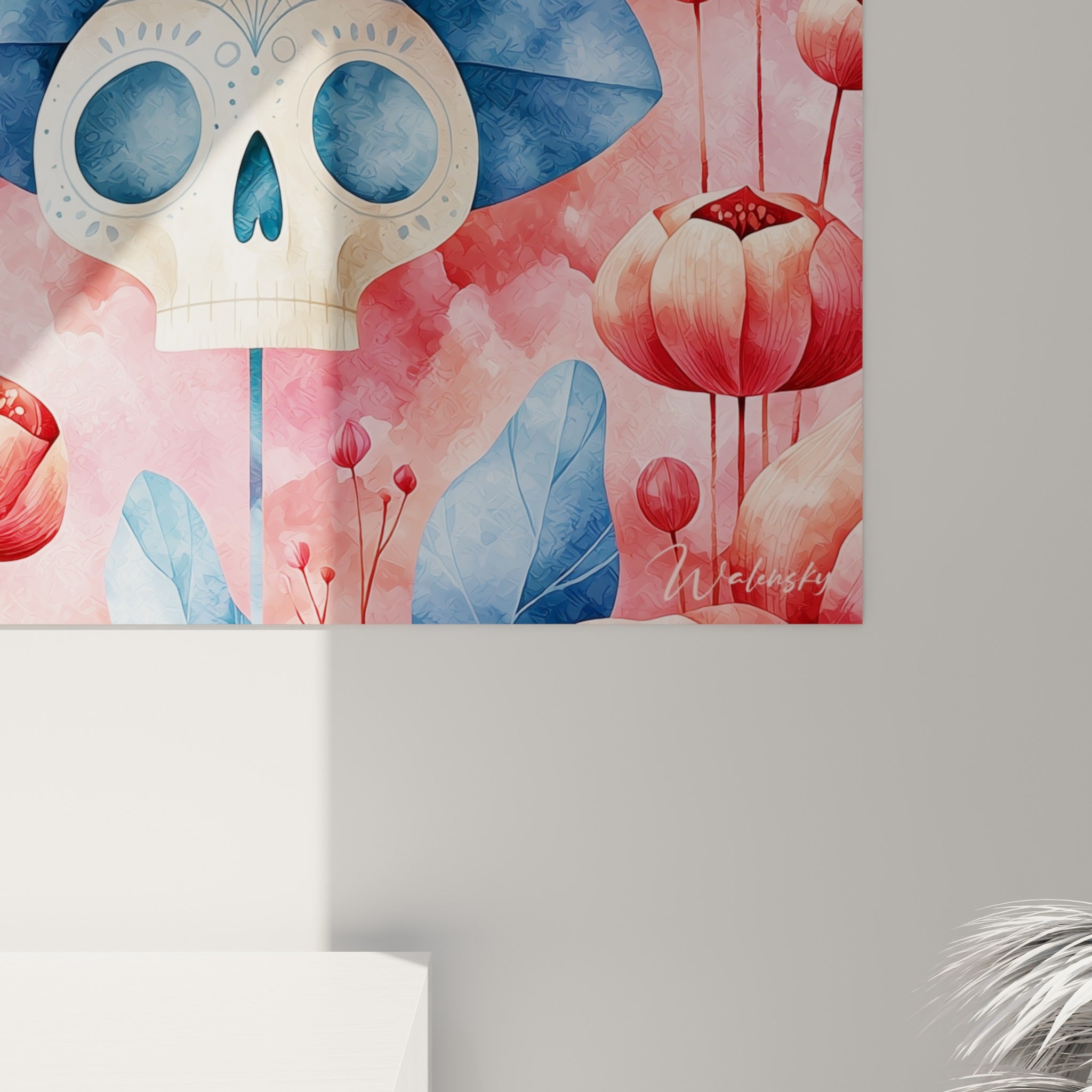Empâtements aquarelle mêlant rose corail, bleu marine et beige sur la toile Dia de los Muertos accrochée