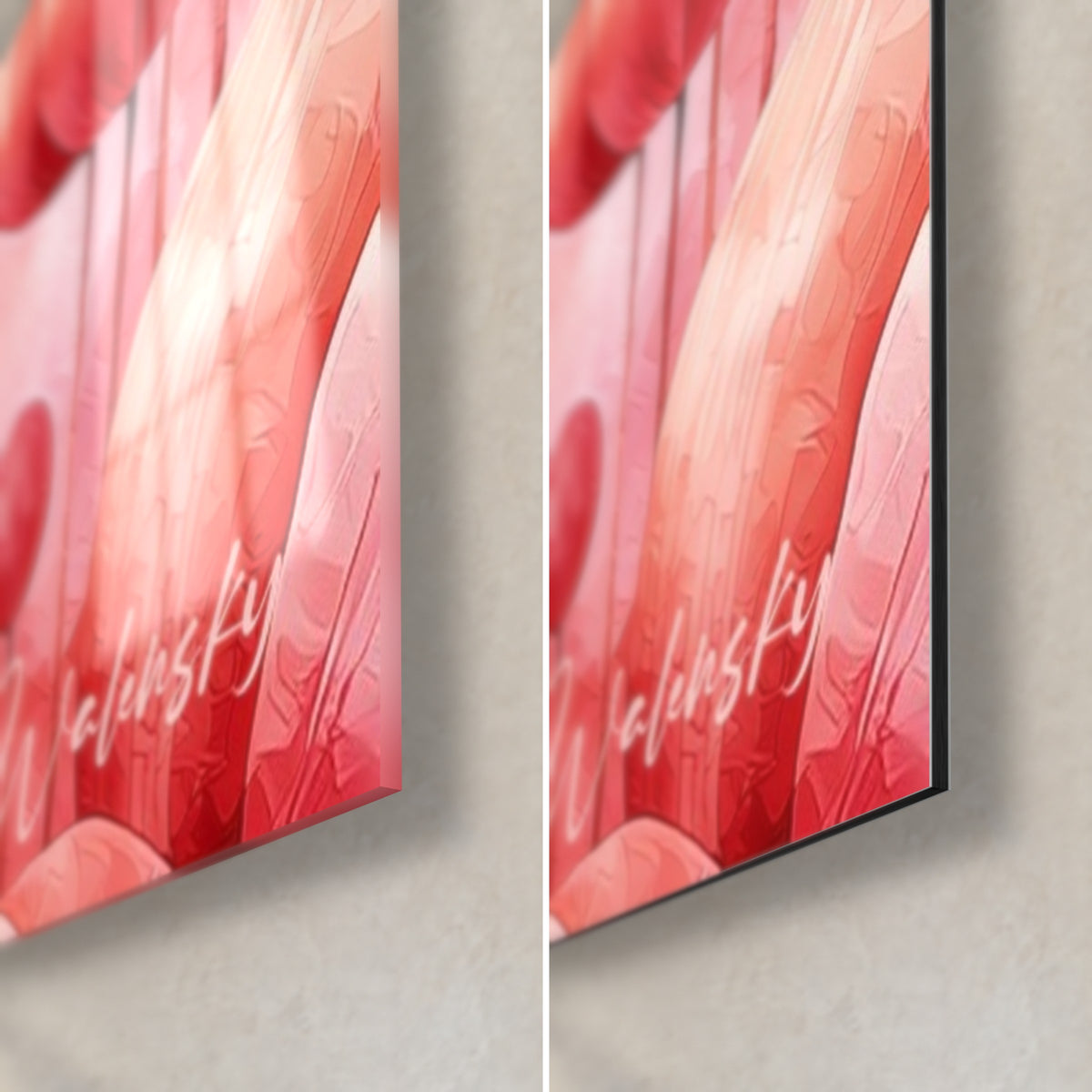 Schilderij van geschulpte schedels met hoed, rechtsonder: glanzend acrylglas met reflecties links, mat grijs Dibond rechts