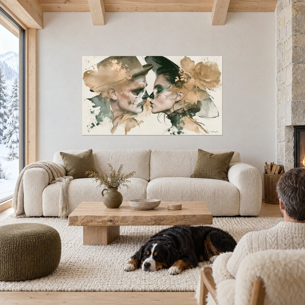 Tableau couple maquillé en crâne, ocre et vert profond, nez contre nez, au-dessus d'un canapé dans un salon lumineux