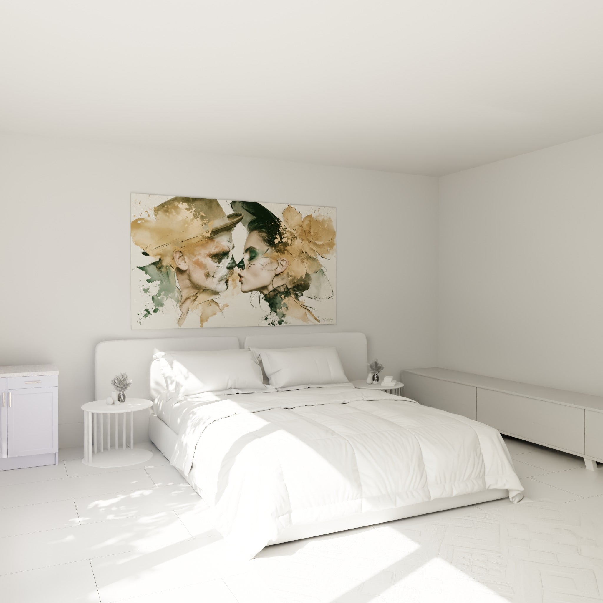 Amants maquillés en squelettes, tons ocre et vert anthracite, au-dessus d'un lit dans une chambre claire