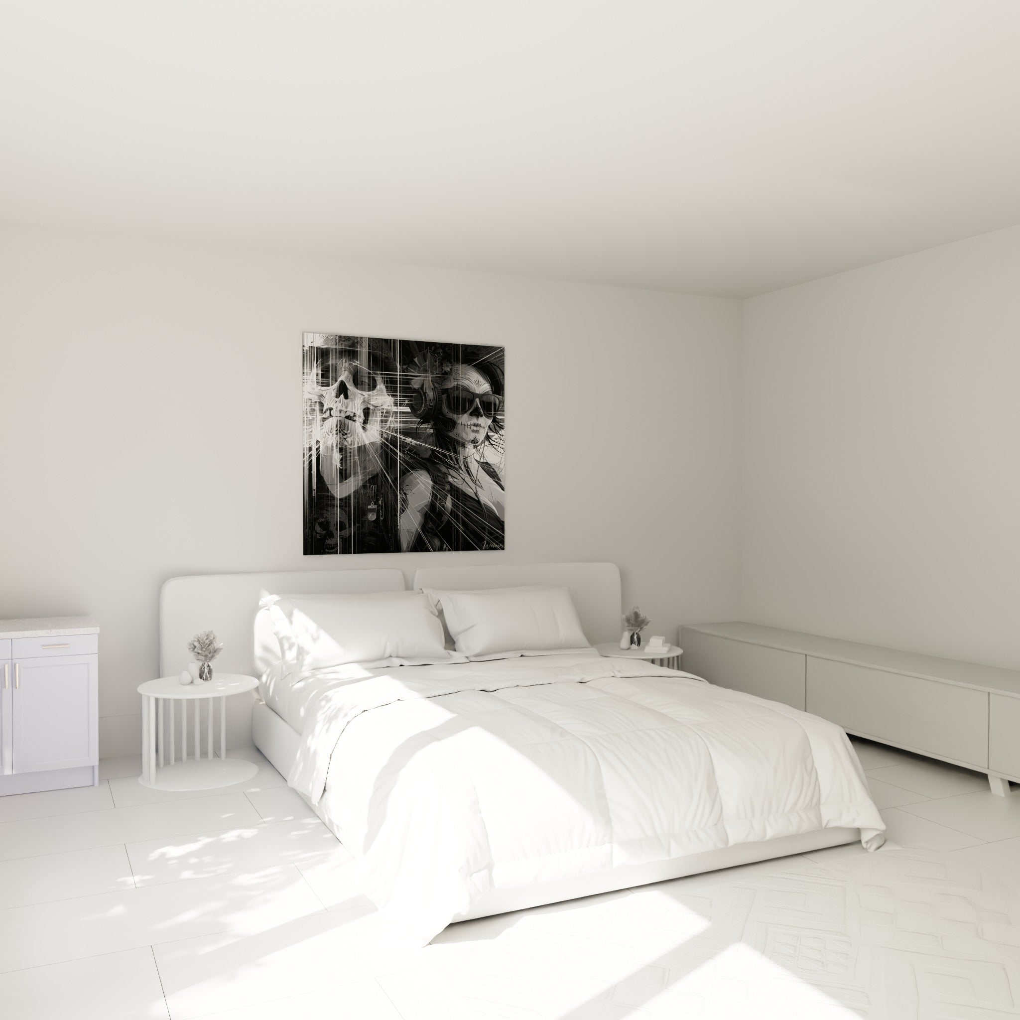 Calavera casquée et crâne graphique noir et blanc accrochés au-dessus d'un lit dans une chambre claire