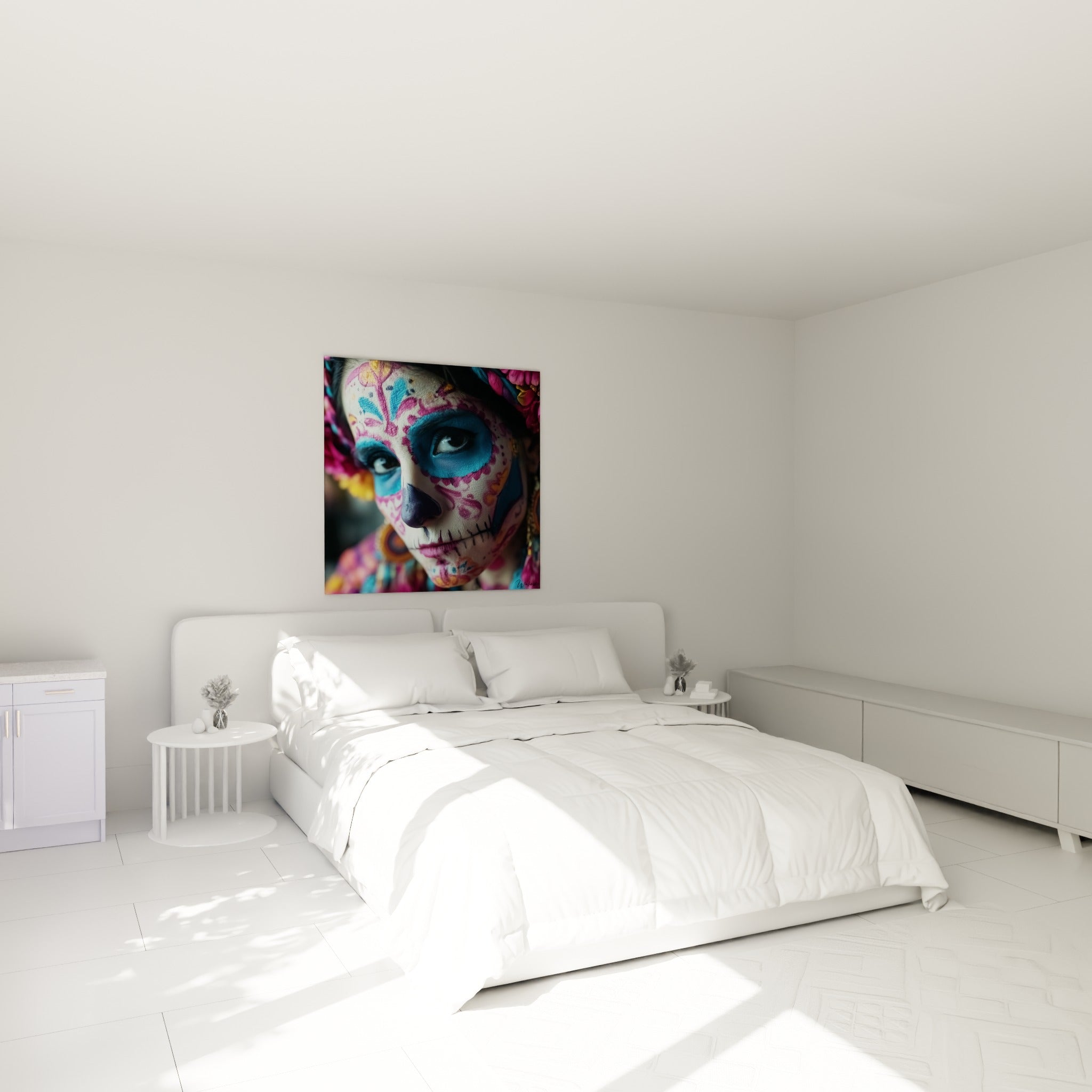 Calavera aux teintes bleu turquoise et rose fuchsia accrochée au-dessus d'un lit dans une chambre claire