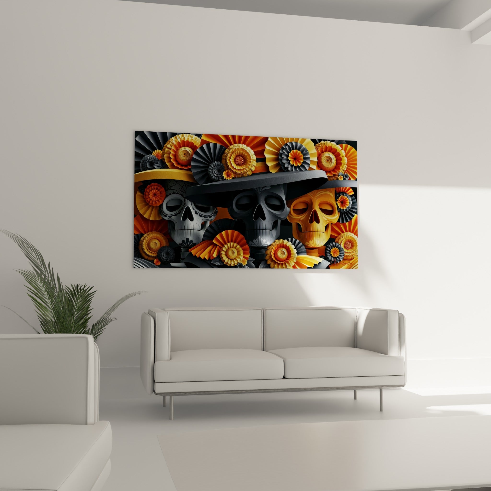 Calaveras dorées et grises encadrées de fleurs orange, au-dessus d'un canapé dans un salon lumineux