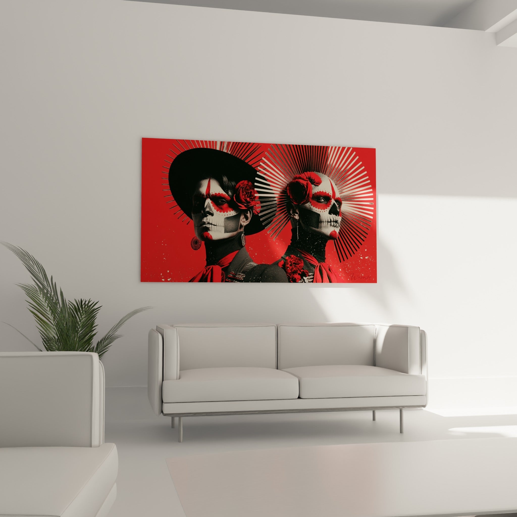 Visages peints Dia de los Muertos aux roses rouges et fond écarlate, au-dessus d'un canapé dans un salon lumineux