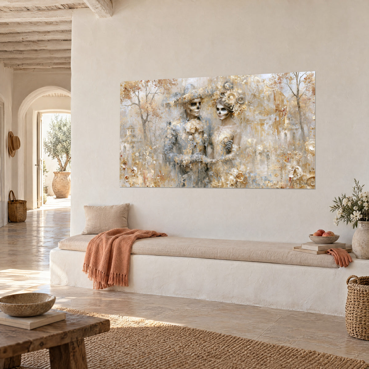 Wall art calavera bride and groom painted in gold and silvery grey, ivory rose crown, on a white wall of a Mediterranean house