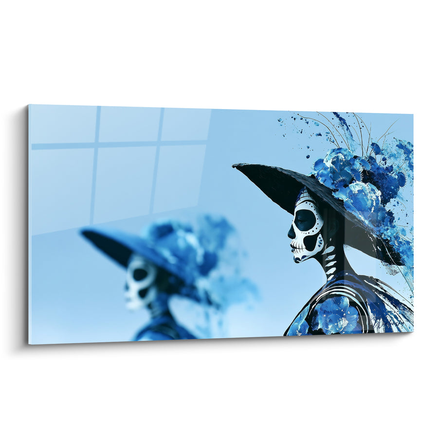 Tableau Catrina bleue et noire au chapeau fleuri - Silhouette dédoublée en profil - Edition Dia de los Muertos