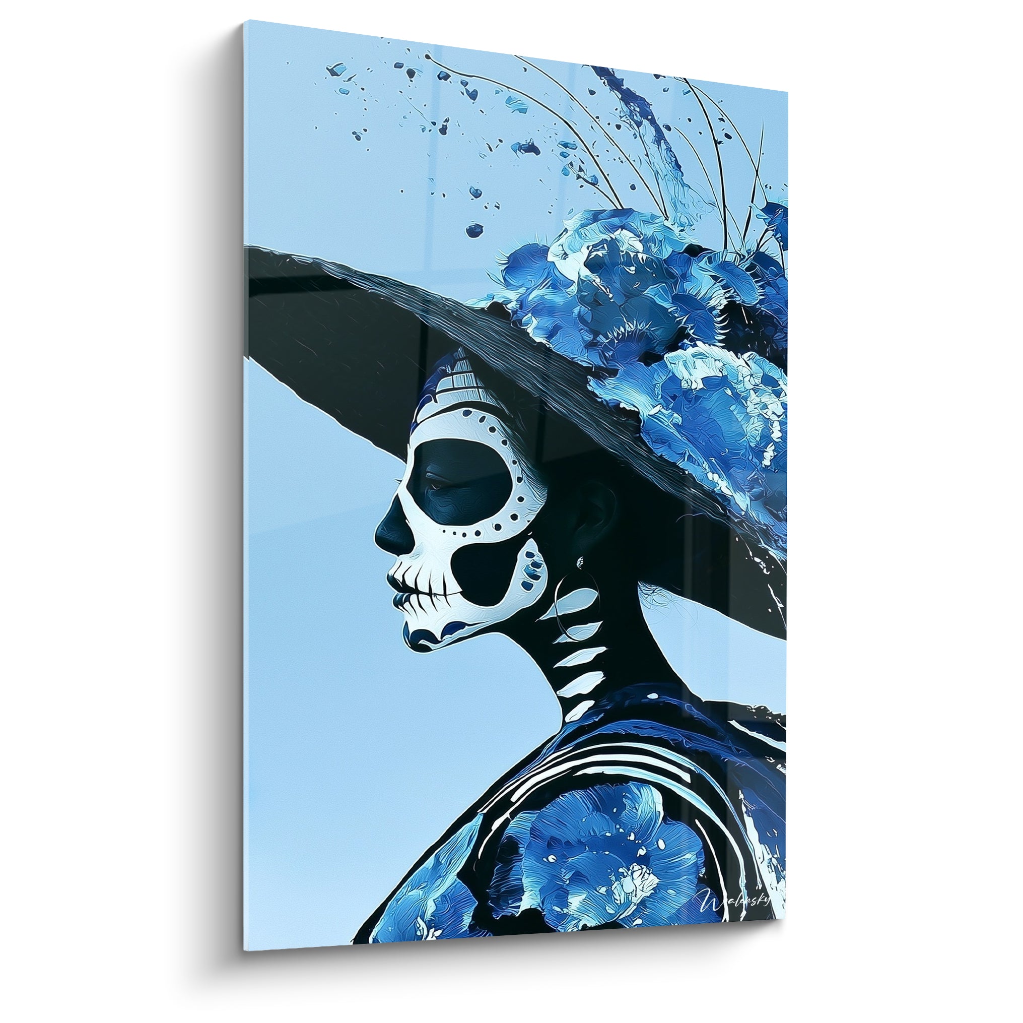 Catrina peinte en profil bleu marine et blanc, chapeau à fleurs anthracite, Dia de los Muertos