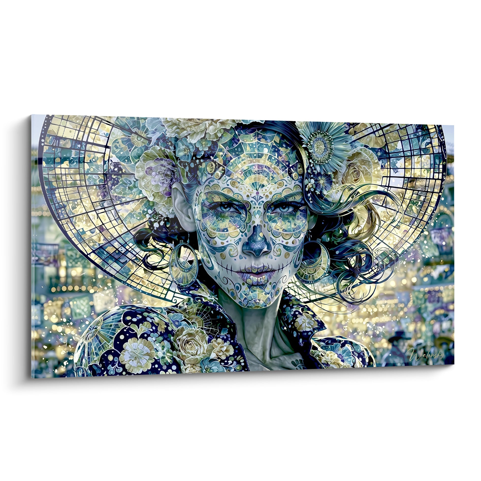 Catrina en maquillage bleu marine et doré, chapeau fleuri, portrait du Dia de los Muertos en pleine composition