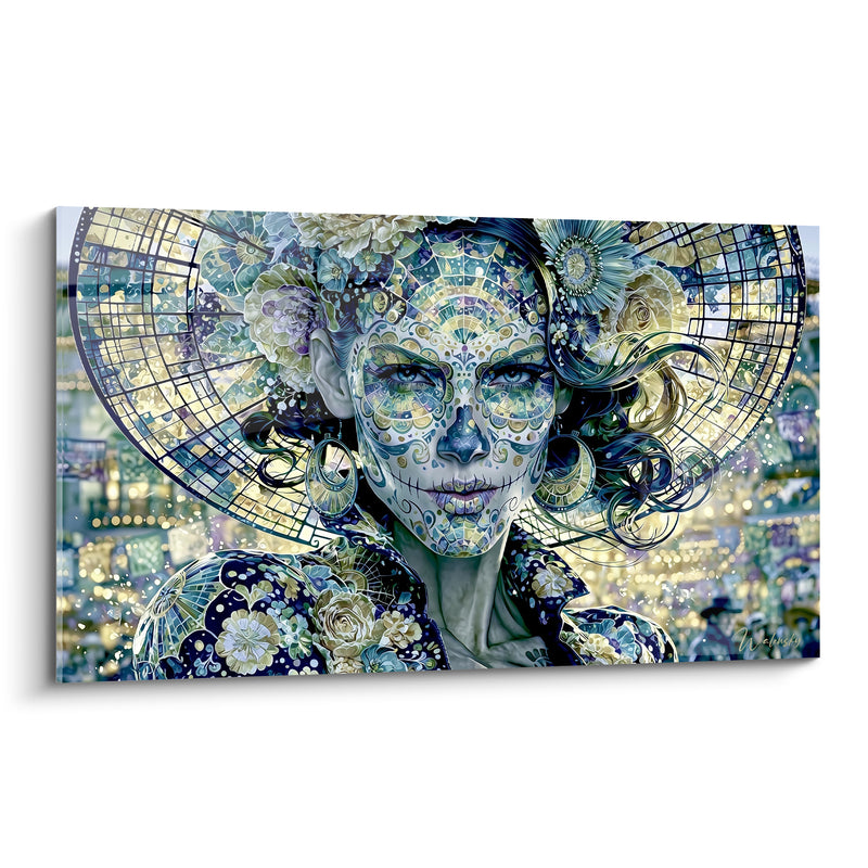 Tableau Catrina bleu marine et doré au chapeau fleuri - Veillée mystique - Edition Dia de los Muertos