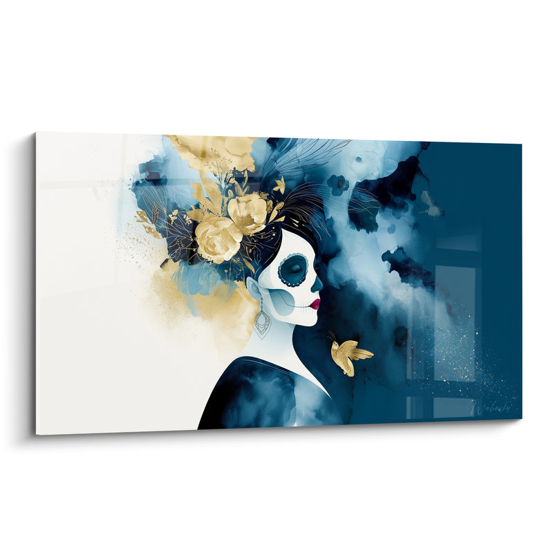 Tableau Visage peint bleu et doré au colibri - Fleurs de plumes noires - Edition Dia de los Muertos
