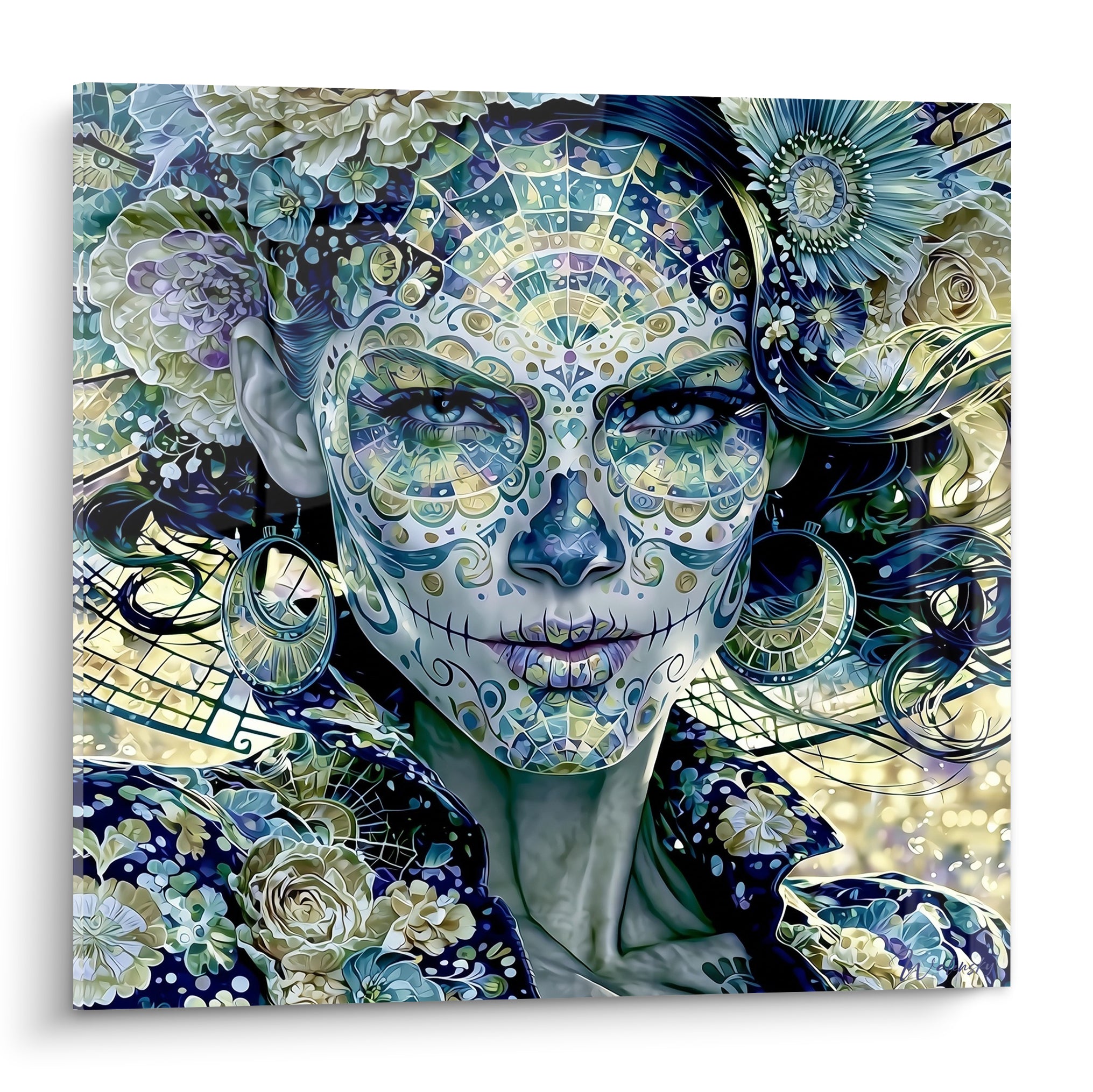 Visage de Catrina Dia de los Muertos aux motifs bleu marine et dorés, fleurs et regard perçant