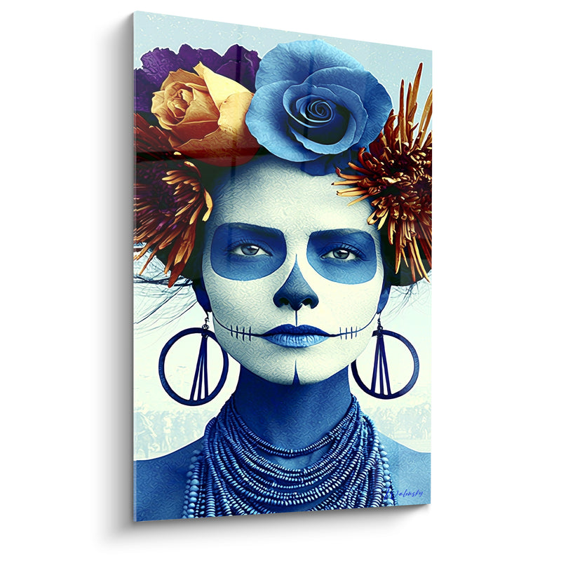 Tableau Visage peint bleu et ivoire aux roses géantes - Colliers de perles bleues - Edition Dia de los Muertos