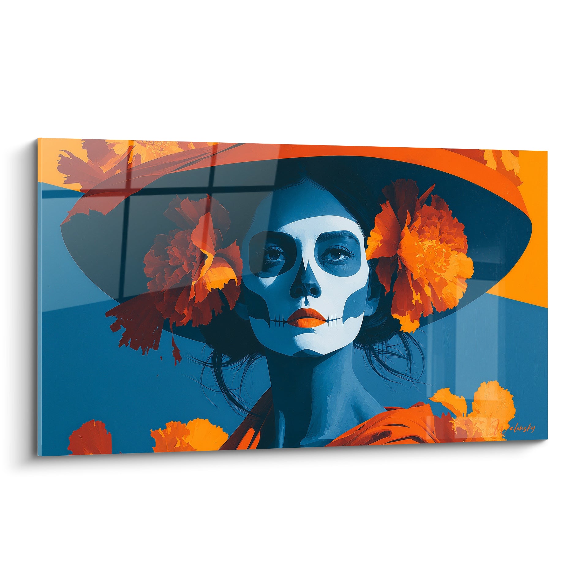 Catrina au visage bleu marine peint en crâne, chapeau orange orné d'œillets d'Inde, style graphique