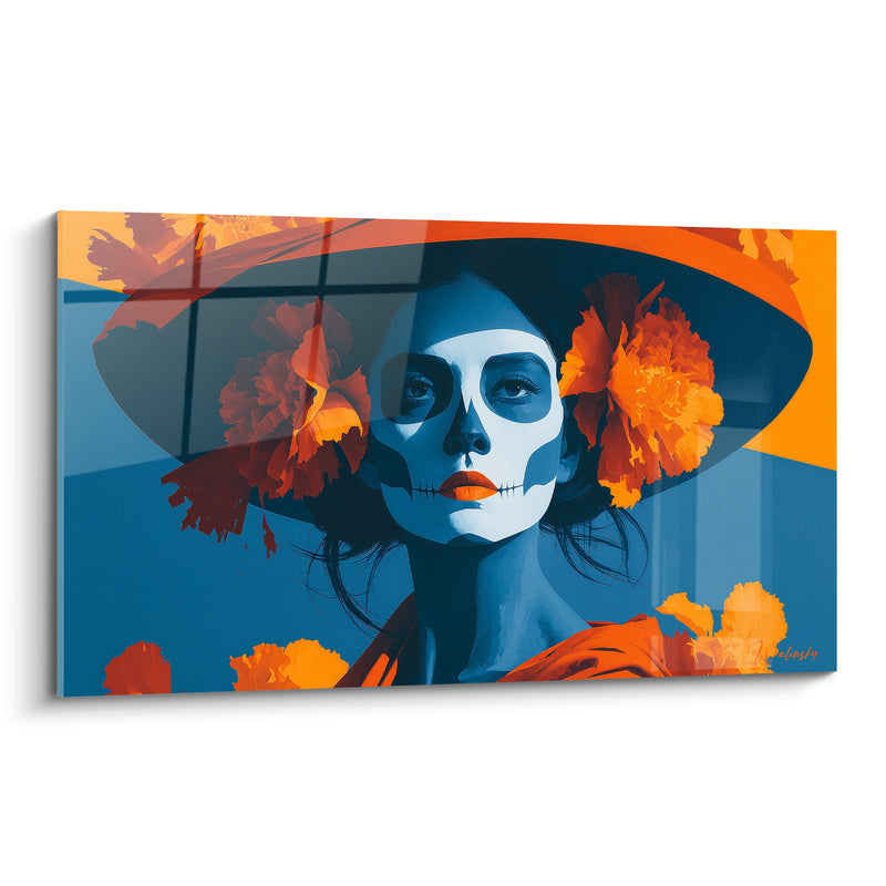 Tableau Catrina au chapeau bleu et orange - Veillée flamboyante - Edition Dia de los Muertos