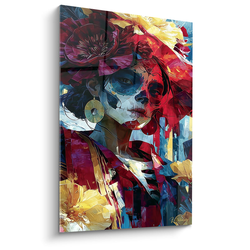 Tableau Visage peint rouge et bleu au chapeau fleuri - Boucle d'oreille ronde dorée - Edition Dia de los Muertos
