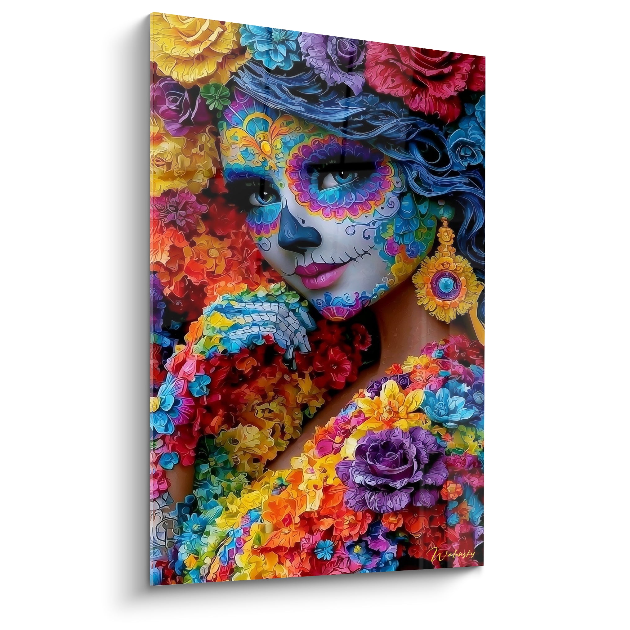 Catrina au maquillage bleu turquoise entourée de fleurs jaunes et violettes, style Dia de los Muertos vibrant