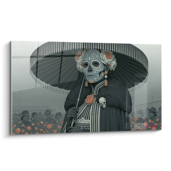 Masked Silhouette in Anthracite Hat and Coral Roses - Silent Procession - Dia de los Muertos Edition