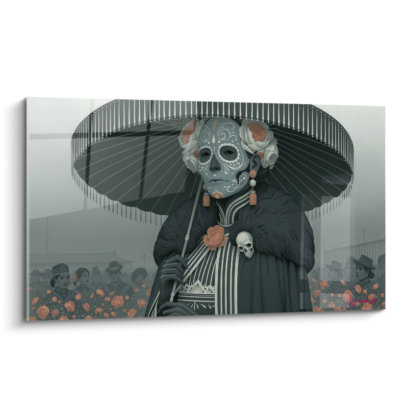 Tableau Silhouette masquée au chapeau anthracite et roses corail - Procession silencieuse - Edition Dia de los Muertos